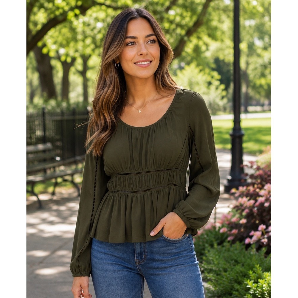 Old Navy Olive Green Peplum Blouse Crochet Detail‎ Long Sleeve Scoop Neck L